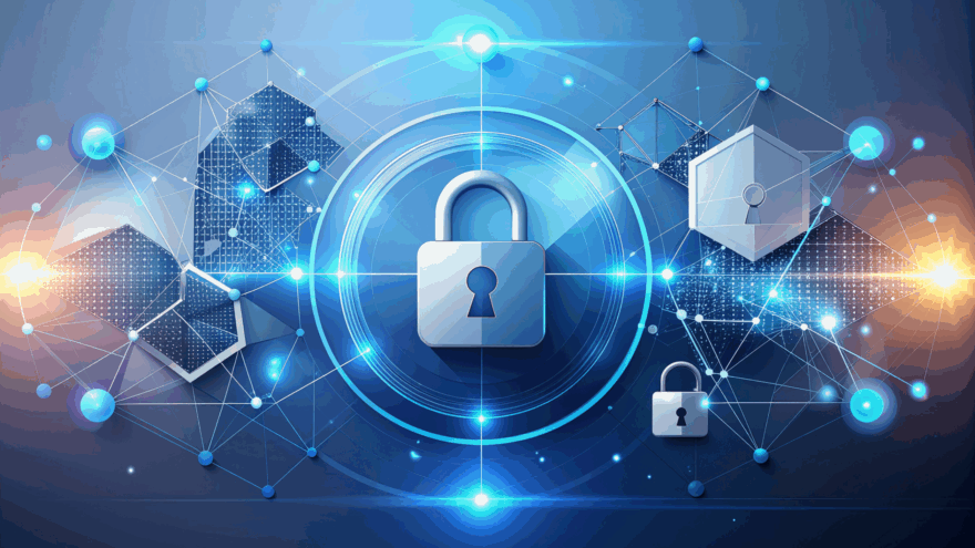 Digital padlock surrounded by glowing network nodes and geometric shapes, symbolizing AI-driven identity governance and cybersecurity.