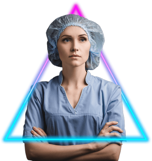 healthcare-hero Confident female medical professional in scrubs and a surgical cap, framed by a neon triangle, symbolizing modern healthcare and innovation